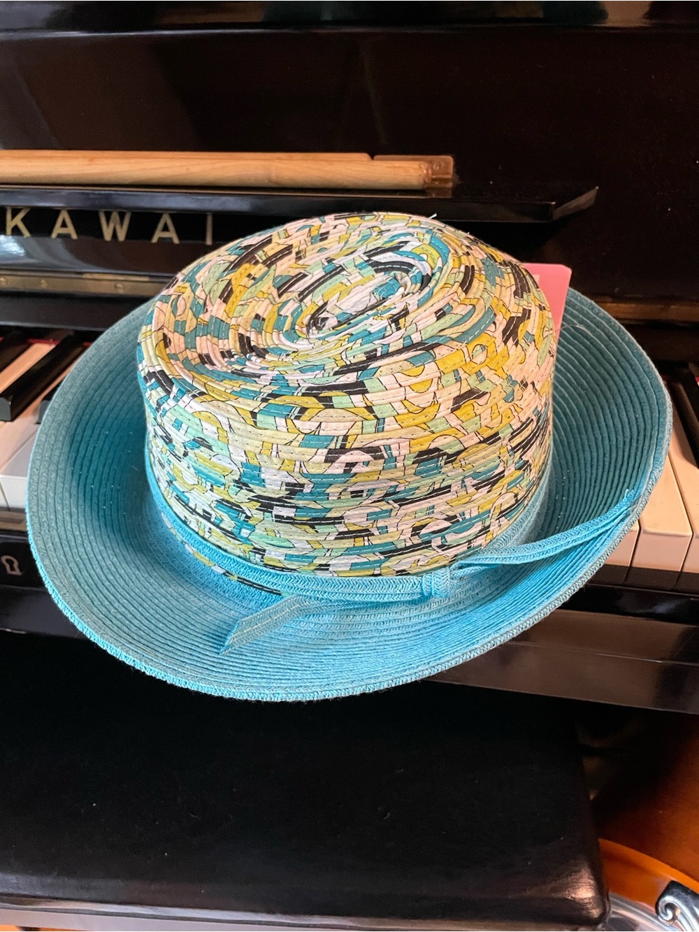 Lizzy by Design Colorful Woven Boater Hat with Teal Brim